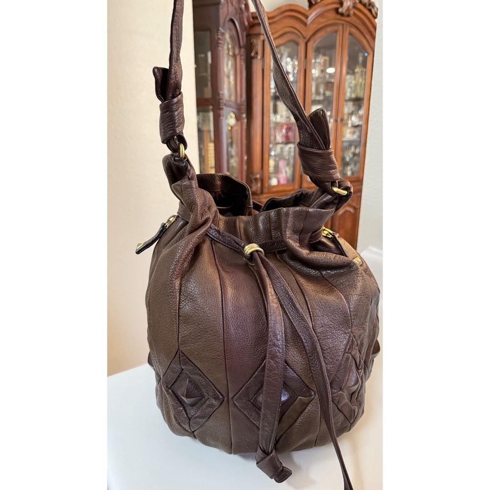 Elliott Lucca Catina Brown Leather Drawstring Bucket Hobo Shoulder Bag
